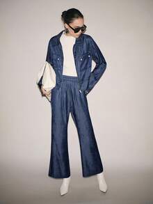 Lumivelle Women's Spring/Autumn Denim Effect American Cargo Style Style Pocket Jacket & High Waist Straight Leg Pants 2-Piece Set - Navy Blue - View 5