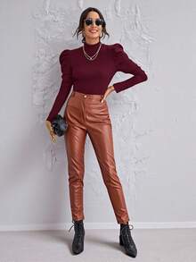 SHEIN Clasi 高领羊腿袖上衣 黑色上衣 - 紫紅色 - 查看 5