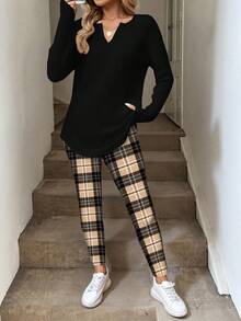 SHEIN LUNE Bộ 2 món gồm áo thun dài tay kẻ caro phối màu tương phản và quần legging bó sát dành cho nữ, thích hợp cho mùa thu/đông, phong cách thường ngày. - Nhiều màu - Xem 3
