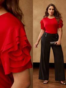 MOTF PREMIUM PLUS SIZE STEREO FLORAL SHORT SLEEVE T-SHIRT/CHRISTMAS - Red - View 1