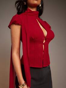 L'Amorae Women Chiffon Blouse Attached Scarf, Keyhole Detail, Valentines, Elegant, Wedding, Date Night - Red - View 6