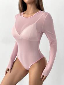 SHEIN PETITE See Through Mesh Bodysuit Without Lingerie - Pink - View 4