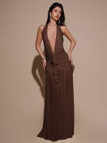SHEIN BAE Shades Of Brown 夏季時尚派對深V領掛脖緊身抓皺女款網紗長洋裝，優雅正式派對雞尾酒會伴娘禮服 - 咖啡棕 - 查看 6