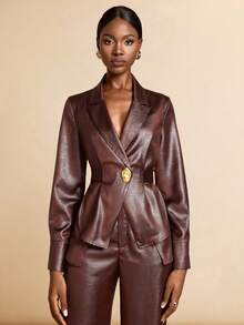 SHEIN Veneréa 光泽仿皮纹理缎面翻领长袖收腰不对称下摆优雅女士西装外套