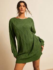 Freevana Rochie de damă verde în carouri, cu mânecă lungă, casual, tricotată, stil country western, mărime plus, toamnă/iarnă - Verde Armată - Vizualizare 3