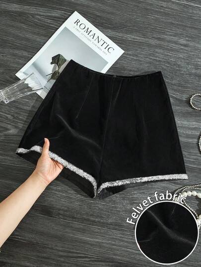 GlowEve Women's Velour Black Mini Shorts With Sequin Hem Detail Casual Design