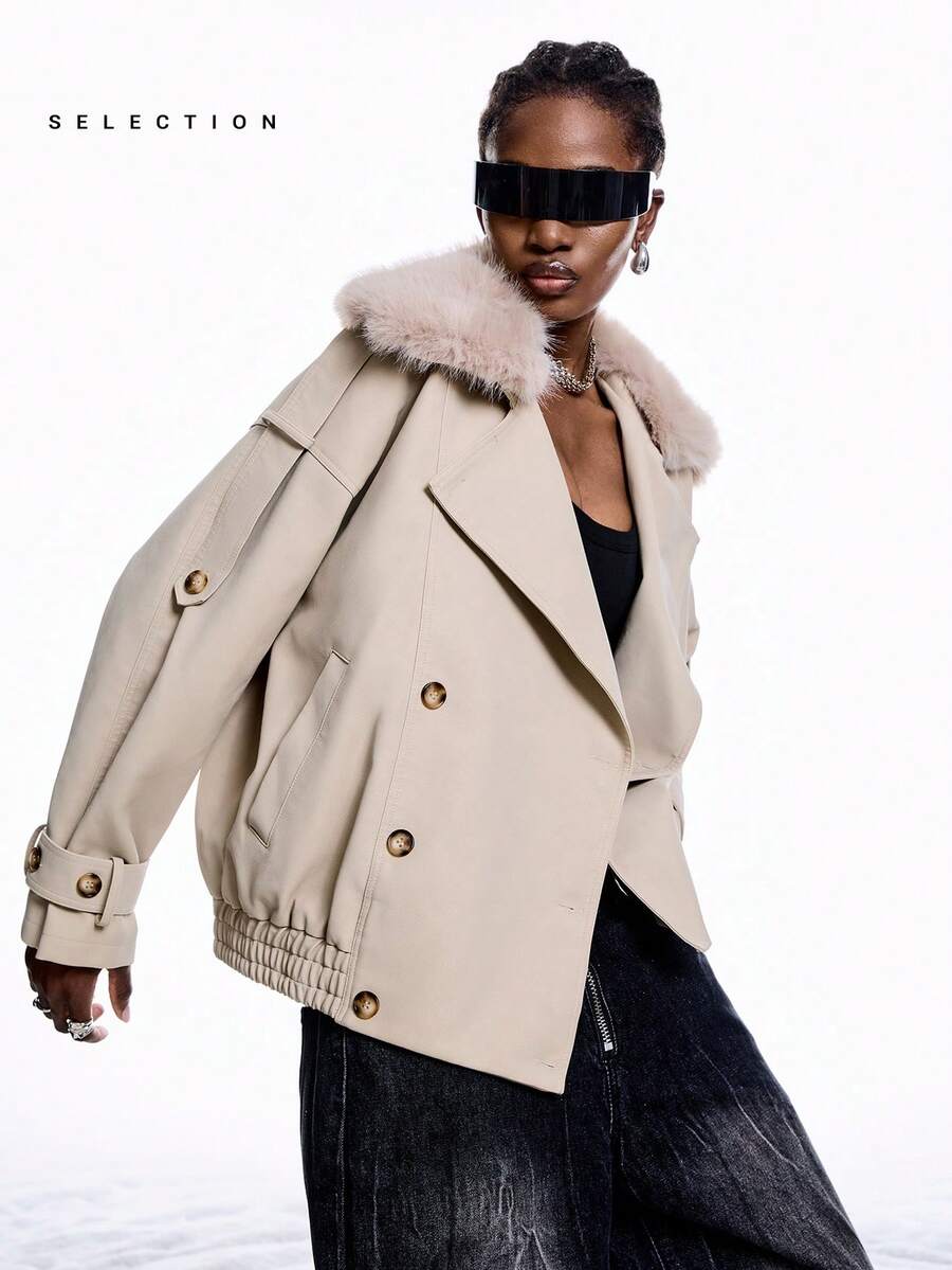 LYSMO 女士时尚百搭双排扣外套，冬季 - 米色 - 查看 1