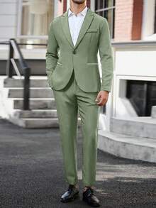 Manfinity Mode 男士纯色翻领长袖西装外套和裤子休闲西装套装男士婚礼服装男士西装男士婚礼西装男士婚礼西装男士时尚西装 - 綠色 - 查看 3