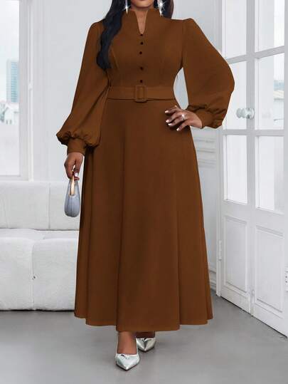 SHEIN Lady 2025 New Spring And Summer Autumn And Winter Elegant Casual Commuting Vintage Office Brown Knitted Stand Collar Mermaid Bell Sleeve Long Long Sleeve Plus Size Dresses Formal Dress Professional Clothes Winter Dress Women Clothes For New Year Stylish Clothing Collection