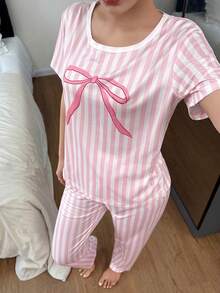 SHEIN 粉色条纹蝴蝶结印花短袖睡衣套装（女款） - 彩色 - 查看 6