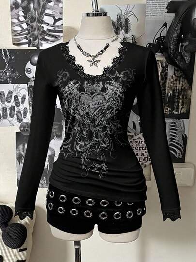 Attitoon Lässiges Langarm-T-Shirt mit tiefem V-Ausschnitt und Spitzenbesatz, geeignet für Herbst/Winter, Vintage, Y2K-Stil, Herz-Muster