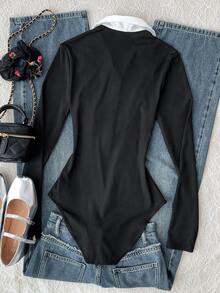 SHEIN Teen Girl Casual Daily Fashion Street Style Turndown Collar Black & White Contrast Bodysuit - Black and White - View 2