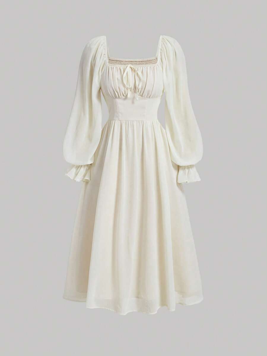 SHEIN MOD Women's Vintage Style Minimalist Solid Color Square Neck Ruffle Sleeve Pleated Waist Dress, Spring/Autumn.Ivory Chiffon Midi Dress, Square Neckline, Long Puff Sleeves, Gathered Bodice, Ruched Waist, Flowy Skirt, Soft Lining, Lightweight, Romantic, Feminine, Vintage Inspired, Elegant, Classic Style, Renaissance, Gentle, Retro, Delicate Fabric, Pretty, Breezy, Simple Design, Graceful - Apricot - View 1