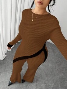 Elenzga Plus Size Women Casual Contrast Binding Asymmetrical Hem Ribbed Knit Sweater And Flare Pants Set, Autumn/Winter - Chocolate Brown - View 5