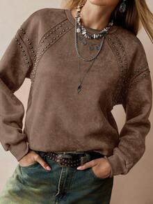 Florisole Sudadera casual y elegante de mujer con estampado de efecto desgastado y tachuelas - Café integral - Ver 3