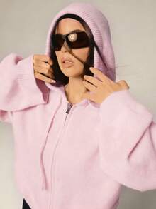 Athîral Women's Casual Drawstring Hooded Cardigan, Autumn/Winter Pink Street Wear,Sweaters For Women,Pink Sweater - Baby Pink - View 3