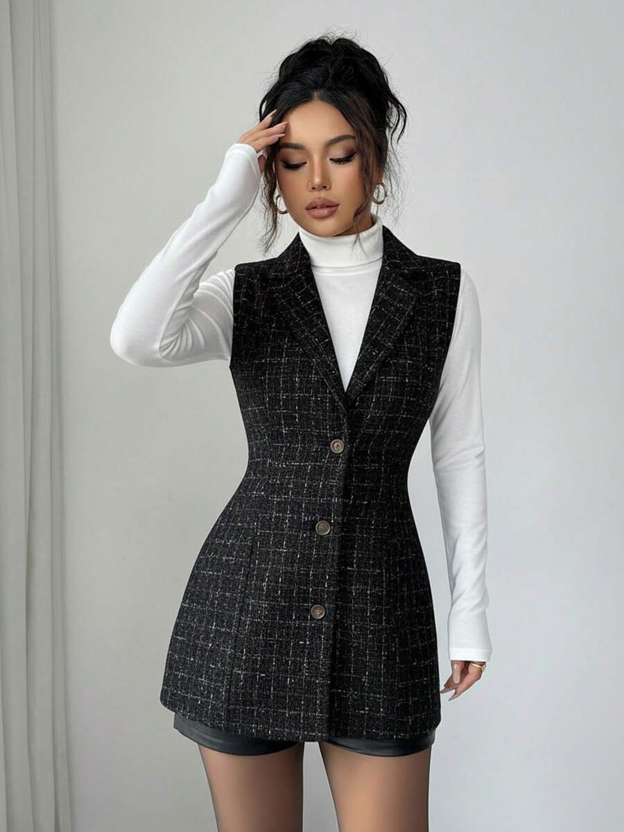 Elenzga Áo khoác nữ cổ bẻ, hở trước, ve kẻ caro, không tay, mùa thu/đông - màu đen - Xem 1