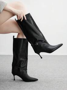 CUCCOO BIZCHIC 女士尖头搭扣设计时尚日常百搭高跟过膝长靴 - 黑色 - 查看 3