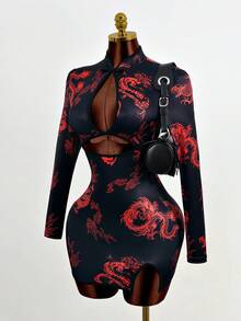 Mistrie 女士性感龙纹镂空紧身连衣裙，秋季 - 黑色 - 查看 5