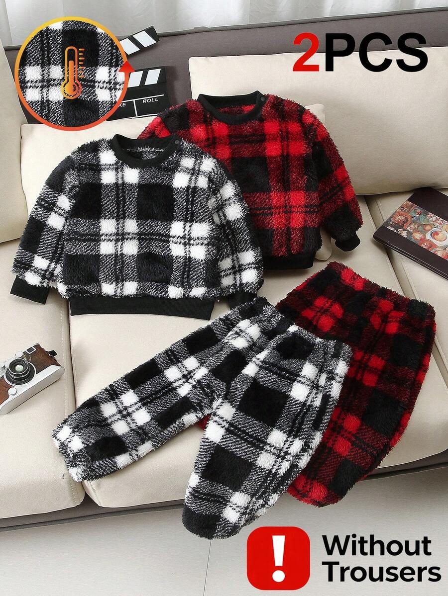 SHEIN Playful Pals 2件裝嬰幼兒男女通用紅白格紋刷毛套頭冬款80年代搖滾風節日派對休閒圓領長袖運動衫 - 彩色 - 查看 1