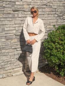 Sydney Algeri Elegant Plaid Short Jacket And Mini Skirt 2pcs Set, Autumn Fall Cloth For Women - White - View 4