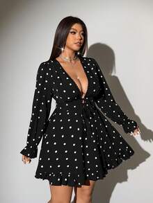 Viva Relle Plus Size Sexy Deep V-Neck Polka Dot Ruffle Hem Dress - Black - View 5