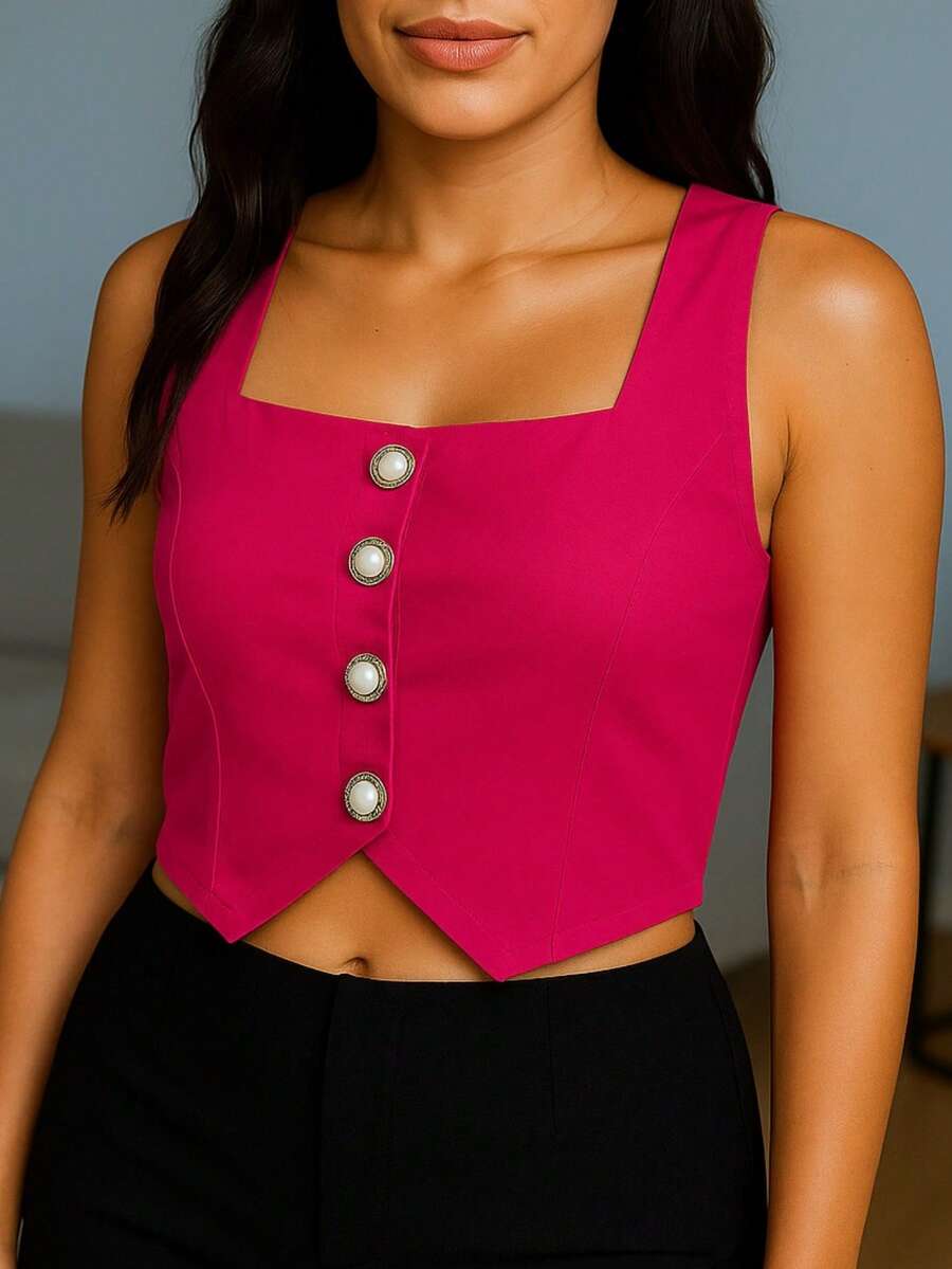 AURELÉ Blusa top mujer con botones estilo perla y escote cuadrado, ajuste cómodo y tela ligeramente elástica - perfecta para oficina, reuniones, cenas, Navidad, Año Nuevo y temporadas otoño-primavera - unitalla XS-M - color o modelo con posibles variaciones leves por lote, imágenes ilustrativas. - Fucsia - Ver 1