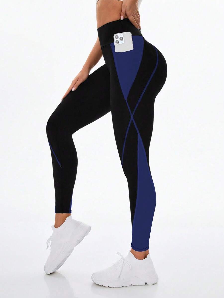 Exploreva Quần legging cạp cao liền mạch họa tiết chắp vá màu tương phản - Nhiều màu - Xem 1