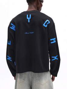 SUMWON Men's Regular Fit Long Sleeve Crew Neck T-Shirt With Blue Letter Print Black Casual Streetwear Urban Style Fall Winter - Black - View 5