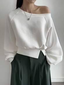 DAZY Sudadera corta ajustada con hombros oblicuos para mujer - Blanco - Ver 3