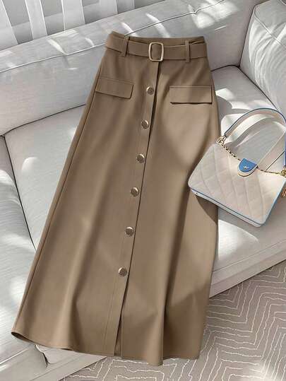 SHEIN Tall CURVE GlowEve 女式加大码简约前扣 A 字型及膝工作裙，适合秋季