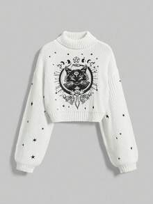 ROMWE Goth 女式高领深哥特式黑色神秘猫刺绣套头衫 - 白色 - 查看 7