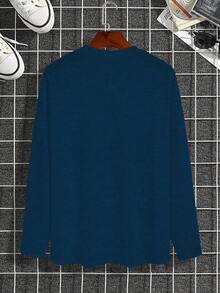 Manfinity Homme Áo thun nam cổ tròn tay dài thường ngày đa năng họa tiết lá bài thời trang, áo thun tay dài màu xanh navy họa tiết vua, mùa thu - Màu xanh hải quân - Xem 2