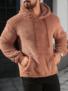 Manfinity CasualCool Men's Checkered Solid Color Fuzzy Fleece Hooded Long Sleeve Sweatshirt, Suitable For Autumn/Winter Wear, Men's Casual Outings, Daily Office, Lazy Comfortable Home, Friend Dates, Dinners And Gatherings, Simple Versatile Style, Suitable For Self-Wear Or Gift To Friends Earthy Knit Wear - Rust Brown - View 3