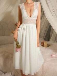 DelicateAllure 女式性感深 V 领撞色蕾丝无袖束腰睡袍，夏季 - 白色 - 查看 5