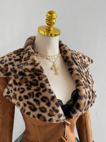 Elamini 女士性感修身V领短款仿麂皮豹纹拼接保暖内衬夹克，通勤休闲两相宜，冬季款 - 棕色 - 查看 4