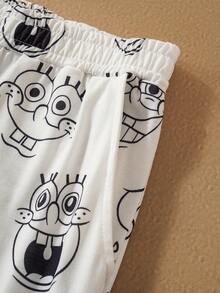 SpongeBob SquarePants | SHEIN Men's Cute Cartoon Print Drop Shoulder Loose Long Sleeve Top And Pants Loungewear Set, Spring/Autumn, Winter Clothes - White - View 8