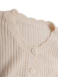 Franclia 大码针织优雅简约法式浪漫风格镂空长袖圆领纽扣腰带纯色毛衣连衣裙，适合秋季穿着。 - 杏色 - 查看 3