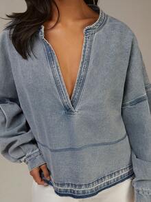 Athîral Áo sơ mi denim thường ngày cho nữ, phong cách đường phố - Màu xanh nhạt - Xem 5