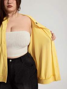 Enliva Cardigan grande taille jaune œuf, veste à manches longues avec écharpe assortie, retour à l'école, zippé, vêtements d'automne pour femmes, hiver, COURBE PLUS - Jaune citron - Voir 6