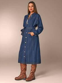 Avantive 长款牛仔连衣裙，配蓝色束腰带，新年服装，优雅连衣裙，休闲女装，节日女装 - 中等水洗藍 - 查看 5