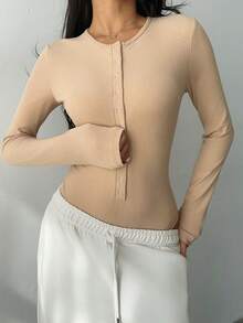 FavEase Women's Autumn/Winter Comfortable Fitted Metal Button Ribbed Knit Bodysuit - Apricot - View 3