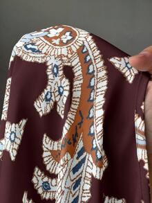 Elenzga Vestido de manga de murciélago de talla grande con cuello redondo y estampado, con ajuste holgado, adecuado para vacaciones y reuniones - Burdeos - Ver 6