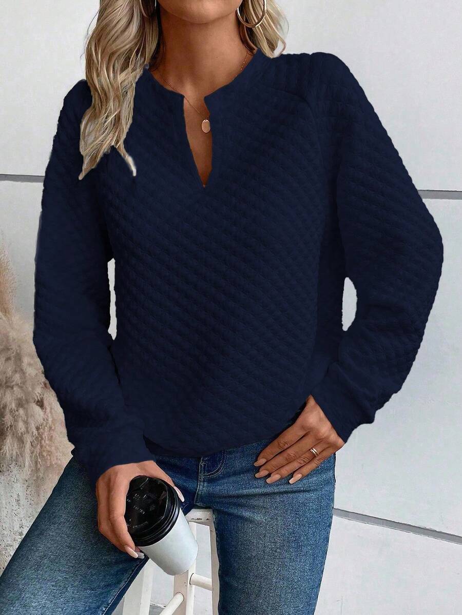 SHEIN LUNE Sudadera casual holgada de mujer de unicolor con cuello en V y manga larga - Azul Marino - Ver 1