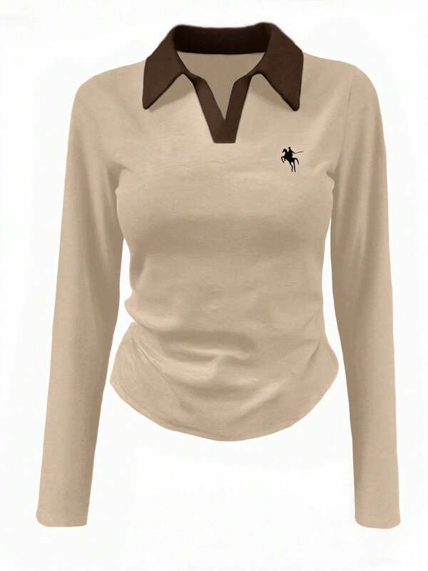 INAWLY Plus Size Women's Knight Print Contrast Color Collar Long Sleeve Casual T-Shirt