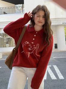 Dazy Plus Valentine Cute Cartoon Cat Jacquard Pattern Turndown Collar Loose Red Christmas & New Year Casual Pullover Sweater For Girls - Red - View 1