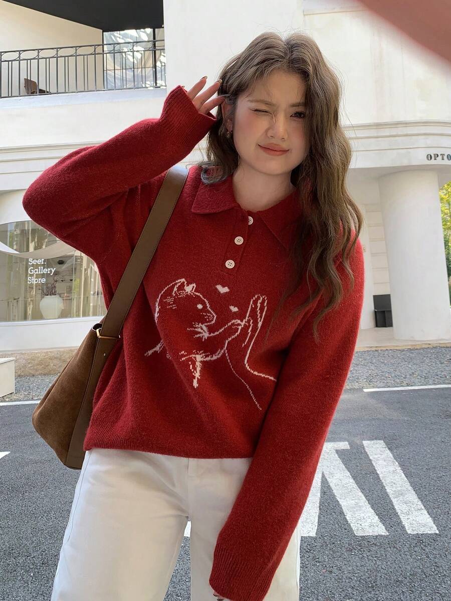 Dazy Plus Valentine Cute Cartoon Cat Jacquard Pattern Turndown Collar Loose Red Christmas & New Year Casual Pullover Sweater For Girls - Red - View 1