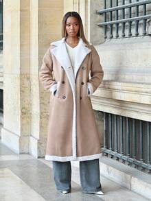 Mima John Women's Brown Plaid Plush Turn-Down Collar Double Breasted Coat In Fall/Winter