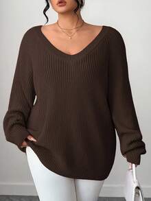 SHEIN Tall CURVE Áo len chui đầu tay dài cổ chữ V Raglan cỡ lớn thường ngày - Cà phê nâu - Xem 1
