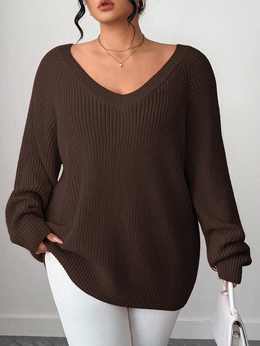 SHEIN Tall CURVE Áo len chui đầu tay dài cổ chữ V Raglan cỡ lớn thường ngày - Cà phê nâu - Xem 1